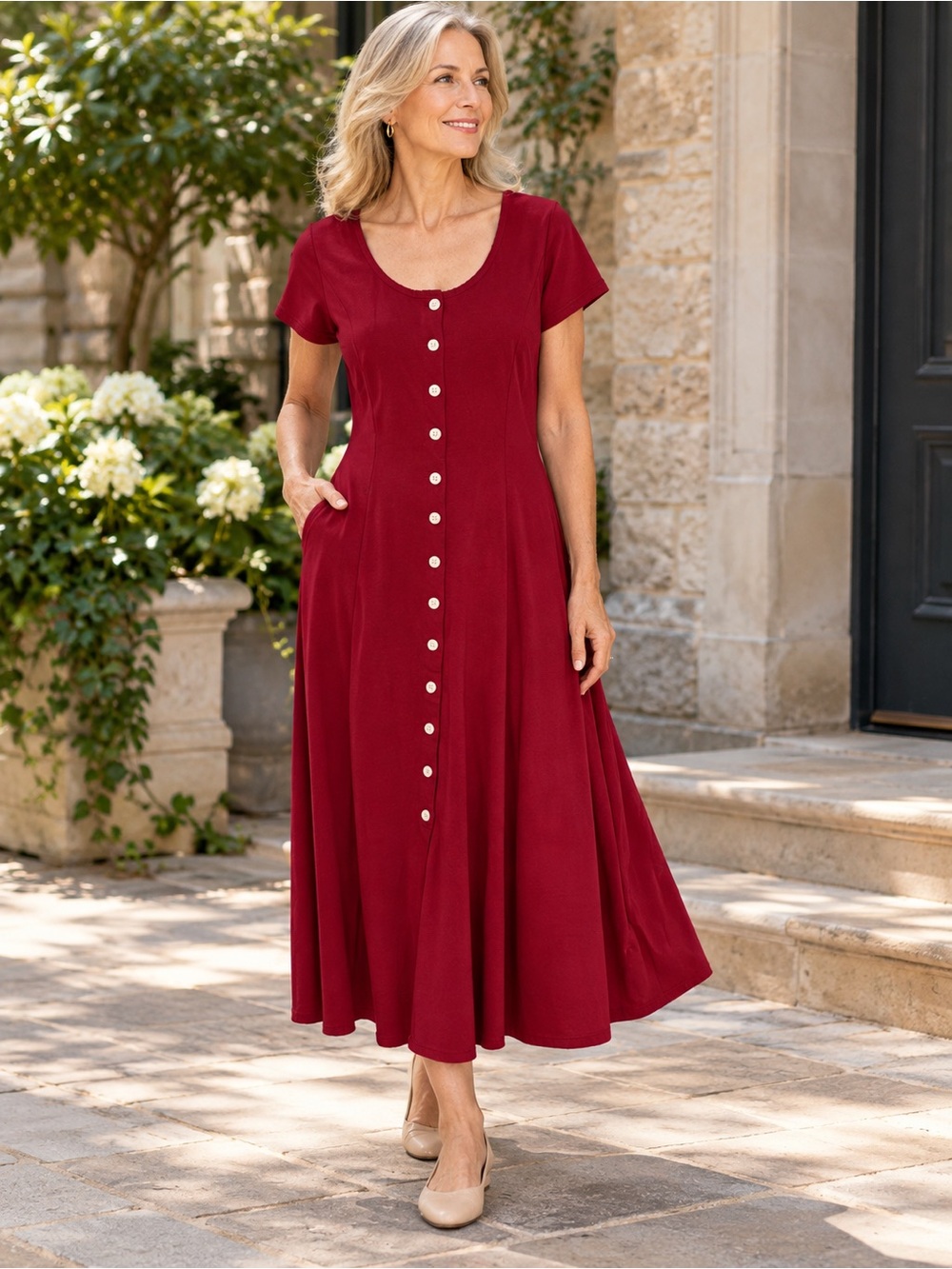 Vintage FADS Burgundy 100% Cotton Button Front Maxi Dress Size M